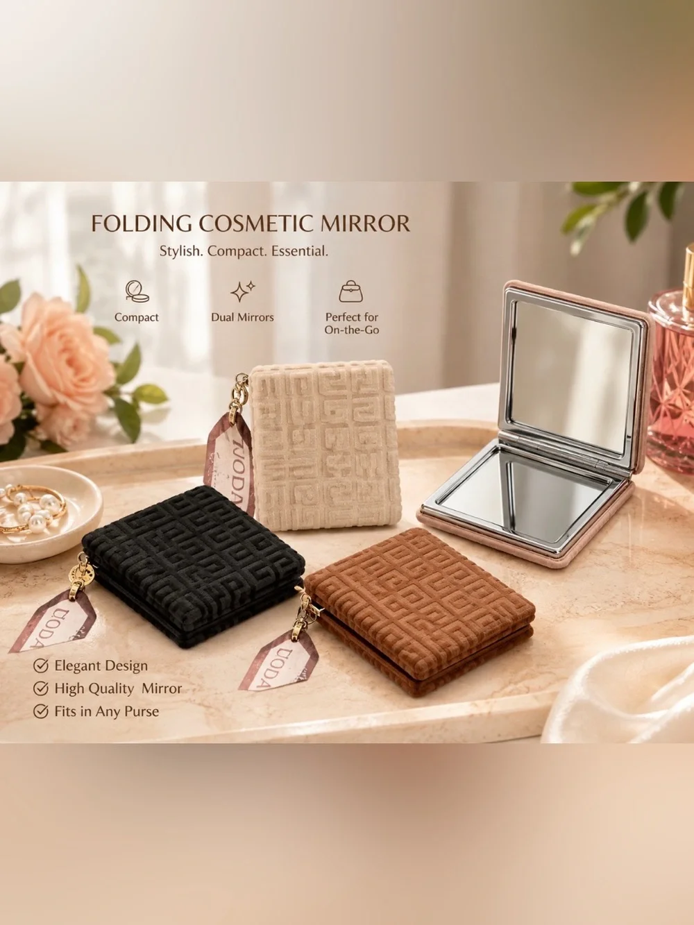 Folding Cosmetic Mirror Compact with Tassel - Black, Cream, Brown
